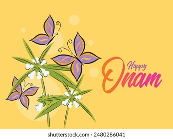 Kerala Festival Onam greetings with illustration of Seasonal flower Thumba (Leucas slitwort)  and Butterflies. 