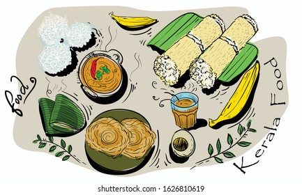 Kerala Food Illustration Vector Line Drawing