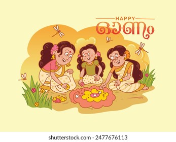 Kerala Harvest Festival Onam Greetings template design with illustration. Family Preparing for Onam Pookalam (Floral Decoration)