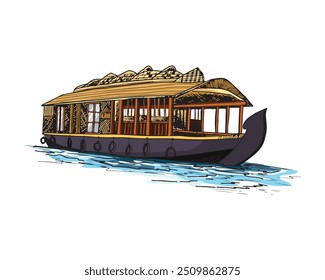 Kerala houseboat vector brush stroke illustration