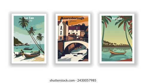 Kerala, India. Knaresborough, Yorkshire. Ko Tao, Thailand - Set of 3 Vintage Travel Posters. Vector illustration. High Quality Prints