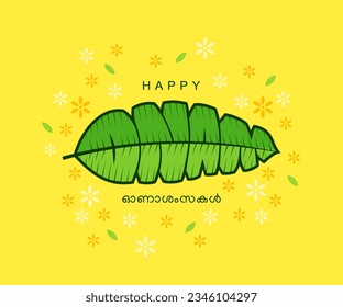 Kerala, Indian holiday. Happy Onam hand drawn English creative lettering or typography illustration for greeting card, banner, poster, label, tag. banana leaf concept.