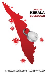 Kerala Lockdown Preventing Covid19, Corona Virus Epidemic And Outbreak. Lockdown Concept Kerala Map With Locker. Vector Illustration Design 