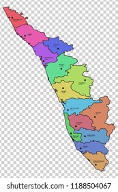 Kerala map with all the 14 districts highlighted in different colours. Names of the respective districts are given in Malayalam and English languages.