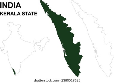 Ilustración vectorial del mapa de Kerala, Ilustración vectorial del estado de Kerala, India.  Mapa de Kerala con India, dibujo de vectores de India, Kerala esquema mapa