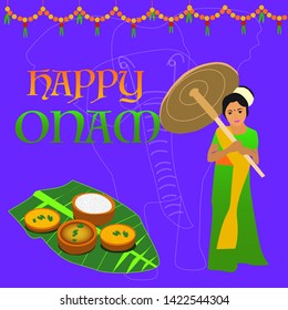 kerala onam festival vector illustration. young Indian woman in bright color Sari with  straw parasol and traditional festival food.