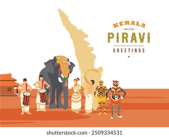 Kerala Piravi Greeting design template or web banner. Vector illustration of various art forms along with the temple elephant.