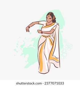 Mujer india de Kerala, estado de India, danza tradicional sketch decorativos aislados 