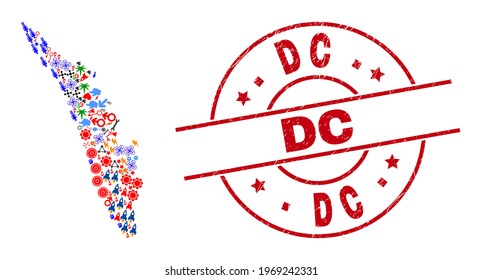Kerala State map collage and unclean DC red circle stamp seal. DC seal uses vector lines and arcs. Kerala State map collage includes gears, homes, wrenches, bugs, wine glasses, and more symbols.