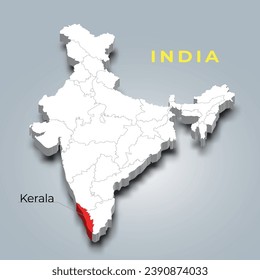 Ubicación del mapa del estado de Kerala en el mapa isométrico indio 3d. Ilustración del vector del mapa de Kerala
