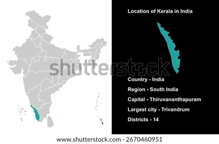 Kerala State Outline Map India, Indian states, suitable for education, business, presentations, print, web use, and creative geographic projects. Indian union territory.