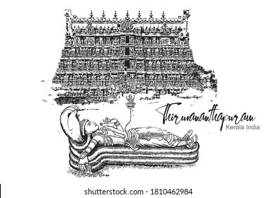 Kerala Thiruvanthapuram padmanabhaswamy temple vector illustrator  Kerala, South India hand drawing
