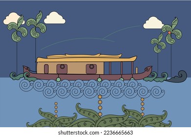 Kerala tourism house boats vector illustration