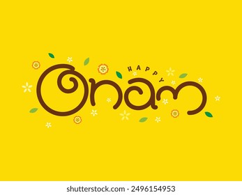 Kerala traditionellen Festival Happy Onam geschrieben in englischer Typografie Stil auf einem schönen gelben Thema mit Blumen um.