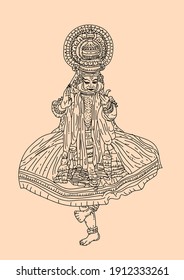 Kerala traditional performance kathakali outline drawing. vector illustration