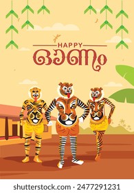 Kerala traditional tiger dance (Pulikali). Onam Festival Celebration Dance. Vector Design Template with illustration.