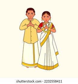 Kerala Wedding Couple Greeting Namaste In Standing Pose On Cosmic Latte Background.