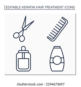 Iconos de la línea de tratamiento capilar de Keratin Shampoo, suero, tijeras y peine. Concepto de procedimiento de belleza. Ilustraciones vectoriales aisladas. Trazo editable