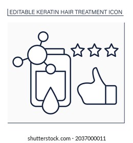 Keratin revisa el icono de la línea. Revisiones positivas para el procedimiento de tratamiento de queratina. Tasa de tres estrellas. Feliz consumidor. Concepto de procedimiento de belleza. Ilustración vectorial aislada. Trazo editable