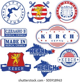 Kerch, Crimea. Set of generic stamps and signs including elements of Kerch city coat of arms and location of the city on Crimea map.