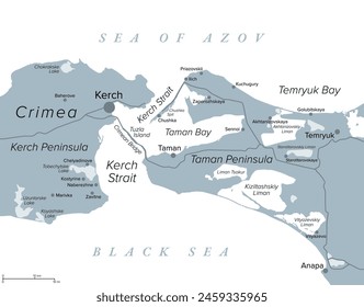 Kerch Strait in Eastern Europe, gray political map. Narrow waterway that connects the Black Sea and Sea of Azov. The Crimean Bridge connects the Kerch Peninsula of Crimea with the Taman Peninsula.