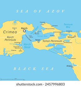 Kerch Strait in Eastern Europe, political map. It connects the Black Sea and Sea of Azov, separating the Kerch Peninsula of Crimea from Taman Peninsula. The Crimean Bridge connects both peninsulas.