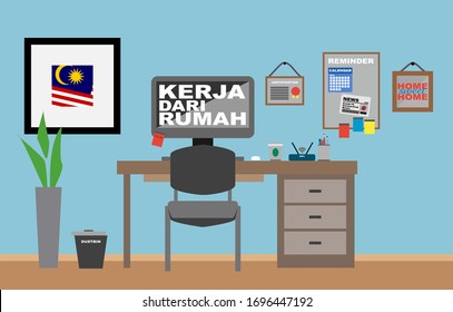 Kerja Dari Rumah means Work From Home in Malay Language. Home office interior vector. Covid-19 Coronavirus concept.