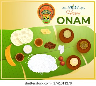 Kerla Traditional food Onam Sadya served on a banana leaf, delicious vegetarian meal, curies, rice fruits and sweets on banana leaf, Onam is south India festival