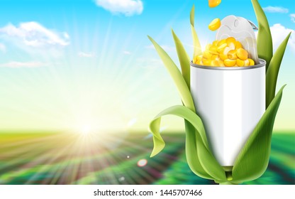 Kernel corn can ads in 3d illustration on bokeh green field background