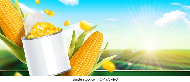 Kernel Corn Can Banner Ads In 3d Illustration On Bokeh Green Field Background