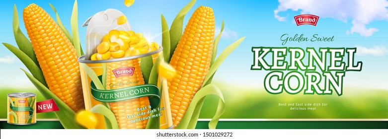 Kernel corn canned food banner ads on bokeh blue sky in 3d illustration