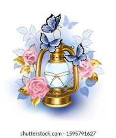Kerosene, antique, brass lamp decorated with pink, blooming roses and blue butterflies on white background.