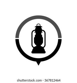 Kerosene lamp - black vector icon; map pointer;  message bubble