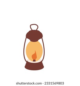 Kerosene lamp, burning handle camping light in cartoon style isolated on white background. Text Explore