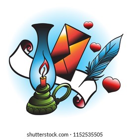 Kerosene lamp, envelope, black feather and ribbon banner illustration in the style of old school tattoos.