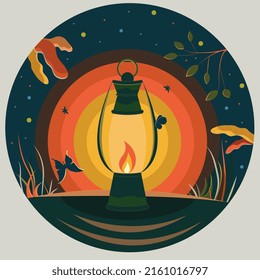 la lámpara de queroseno brilla en la oscuridad, la luz se extiende en círculos, los insectos vuelan alrededor