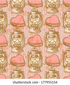 Kerosene lamp and heart, vector seamless pattern 