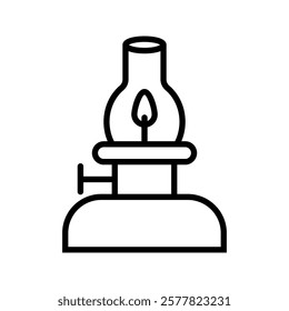 The kerosene lamp icon. A kerosene lamp is a lamp powered by the combustion of kerosene. A device for lighting. An item for hiking and sailing. Cartoon style.