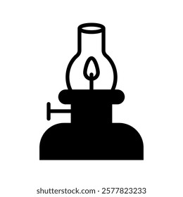 The kerosene lamp icon. A kerosene lamp is a lamp powered by the combustion of kerosene. A device for lighting. An item for hiking and sailing. Cartoon style.