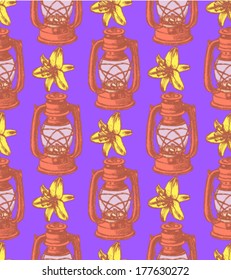Kerosene lamp and lily, vector seamless pattern 