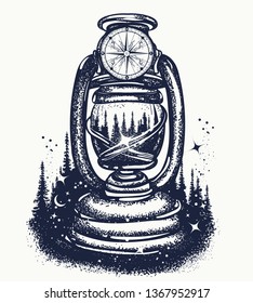 Kerosene lamp and night forest tattoo and t-shirt design. Symbol of tourism, camping, outdoors and travel 