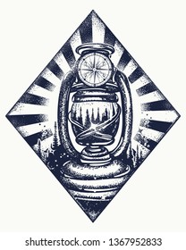 Kerosene lamp and rays of light tattoo and t-shirt design. Symbol of tourism, camping, travel and outdoors 
