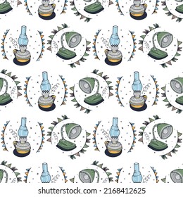 Lámpara de queroseno y lámpara. Patrón sin brillo en un fondo blanco. Ilustración vectorial de corte.