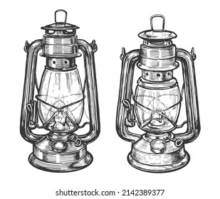 Kerosene lamp sketch vector. Oil lantern drawn in vintage engraving style