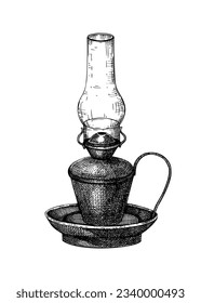 Kerosene lamp sketch. Vintage oil lantern for Halloween, witchcraft, magic, alchemy, home vintage home decor. Ink sketch isolated on white background. Hand drawn vector illustration. Retro style.