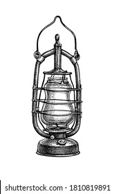 Kerosene lamp. Vintage oil lantern. Ink sketch isolated on white background. Hand drawn vector illustration. Retro style.