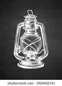 Kerosene lamp. Vintage oil lantern. Chalk sketch on blackboard background. Hand drawn vector illustration. Retro style.