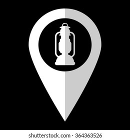 Kerosene lamp - white vector icon;  map pointer