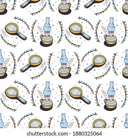 Lámparas y lumbreras de queroseno. Patrón sin brillo en un fondo blanco. Ilustración vectorial de corte.