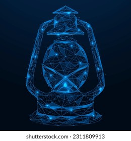 Kerosene lantern. Low-poly design of interconnected lines and dots. Blue background.